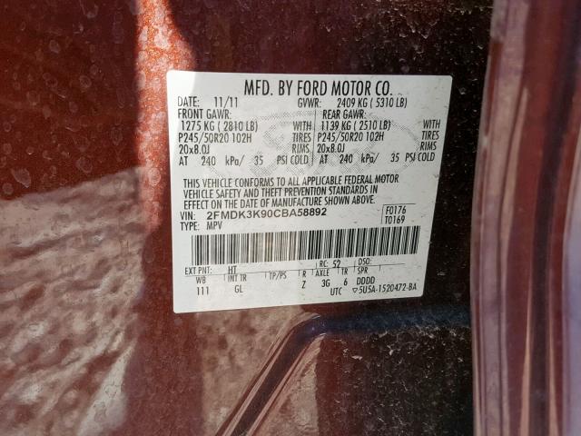 2FMDK3K90CBA58892 - 2012 FORD EDGE LIMIT MAROON photo 10