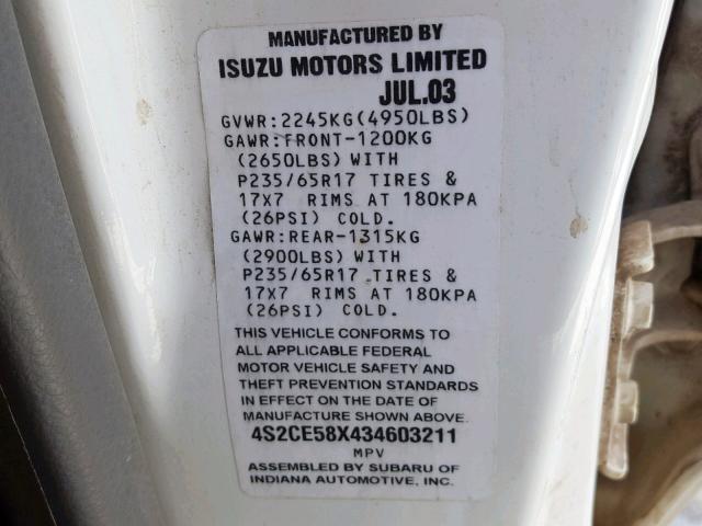 4S2CE58X434603211 - 2003 ISUZU AXIOM XS Ağ foto 10