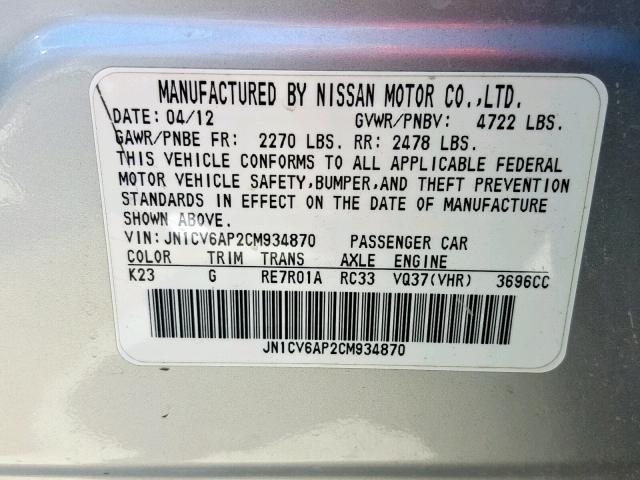 JN1CV6AP2CM934870 - 2012 INFINITI G37 BASE SILVER photo 10