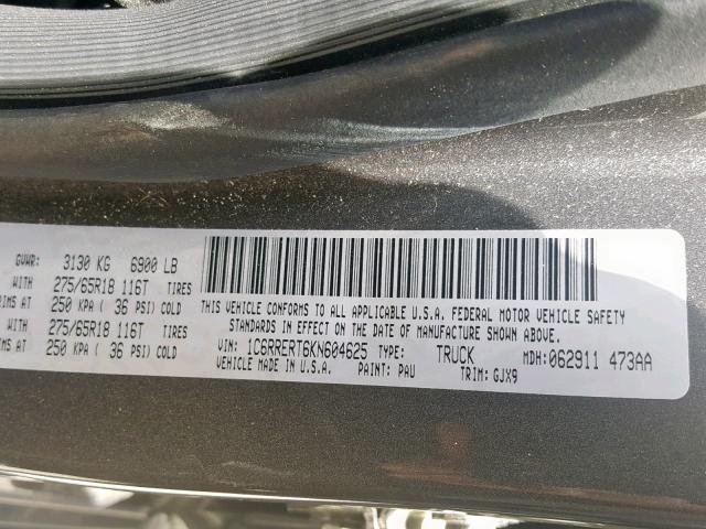 1C6RRERT6KN604625 - 2019 RAM 1500 LARAM GRAY photo 10