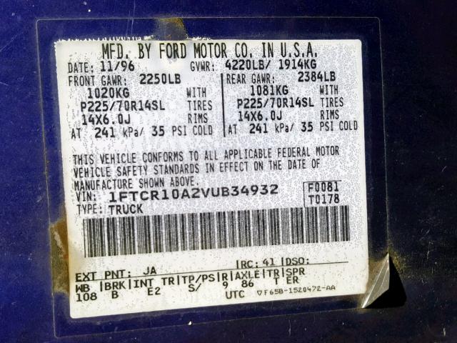 1FTCR10A2VUB34932 - 1997 FORD RANGER PURPLE photo 10