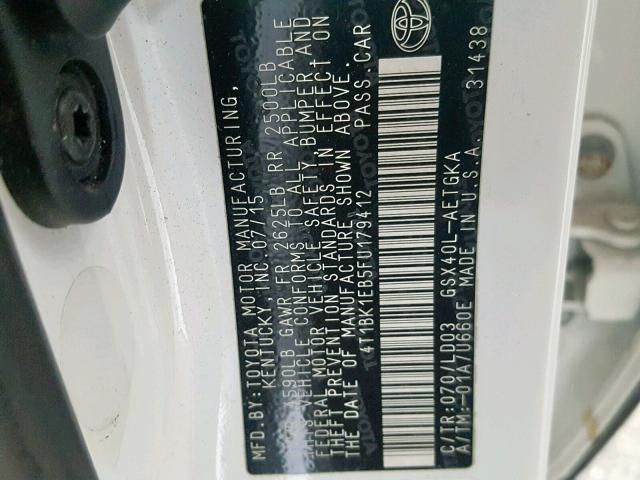 4T1BK1EB5FU179412 - 2015 TOYOTA AVALON XLE WHITE photo 10