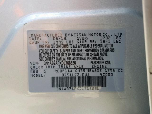 3N1AB7APXDL768826 - 2013 NISSAN SENTRA S SILVER photo 10