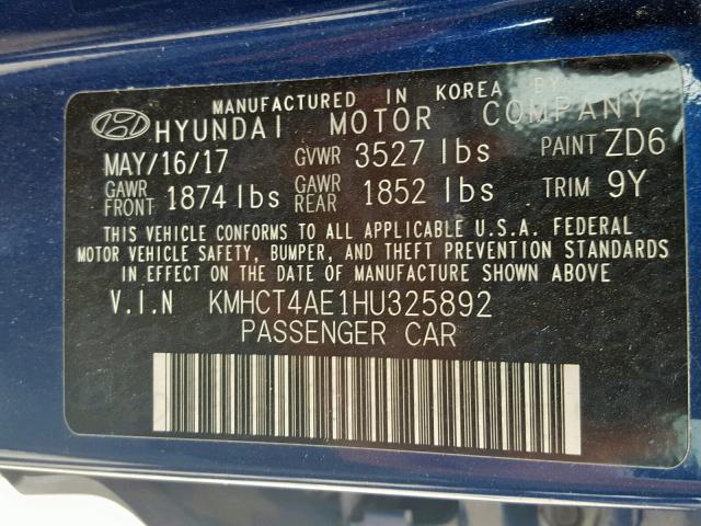 KMHCT4AE1HU325892 - 2017 HYUNDAI ACCENT SE BLUE photo 10