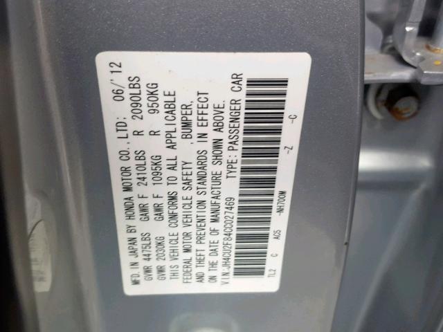 JH4CU2F84CC027469 - 2012 ACURA TSX SE SILVER photo 10