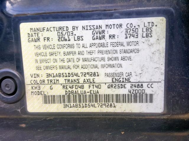 3N1AB51D54L729281 - 2004 NISSAN SENTRA SE- BLACK photo 10