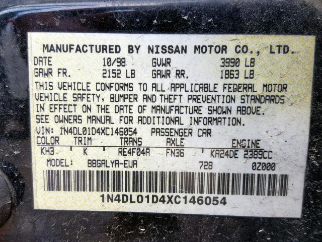 1N4DL01D4XC146054 - 1999 NISSAN ALTIMA XE BLACK photo 10