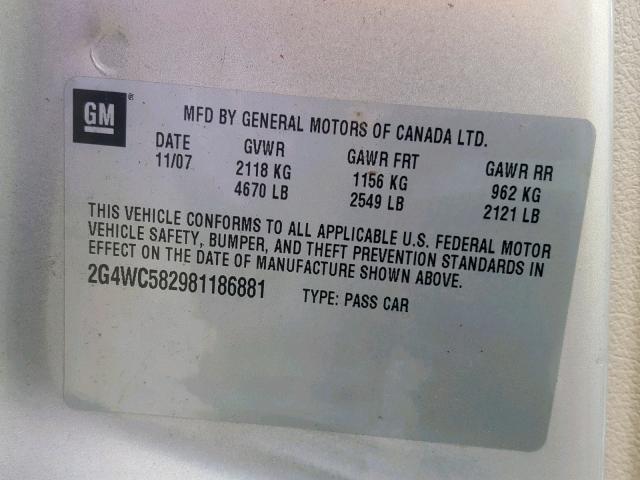 2G4WC582981186881 - 2008 BUICK LACROSSE C BEIGE photo 10