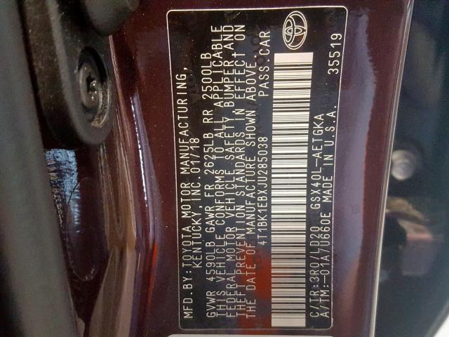 4T1BK1EBXJU285038 - 2018 TOYOTA AVALON XLE RED photo 10