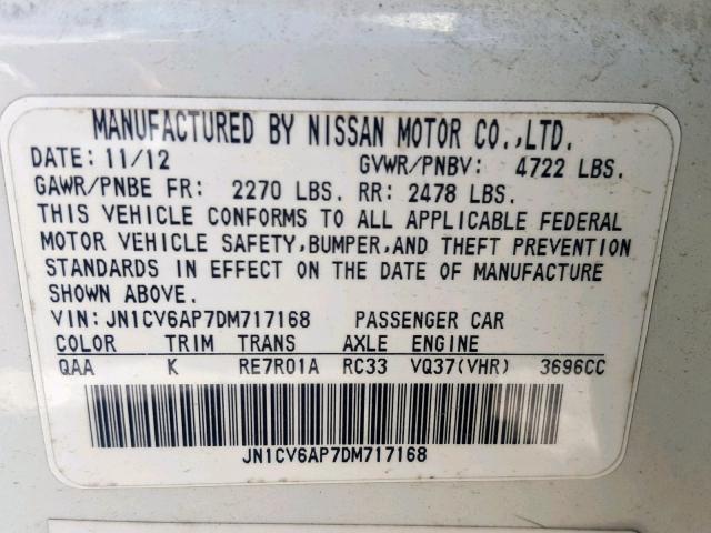 JN1CV6AP7DM717168 - 2013 INFINITI G37 BASE WHITE photo 10