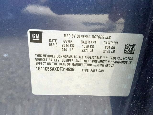 1G11C5SAXDF314636 - 2013 CHEVROLET MALIBU 1LT 蓝色 照片 10