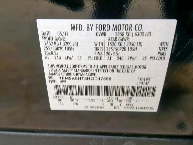 1FM5K8HT4HGD17596 - 2017 FORD EXPLORER P BLACK photo 10