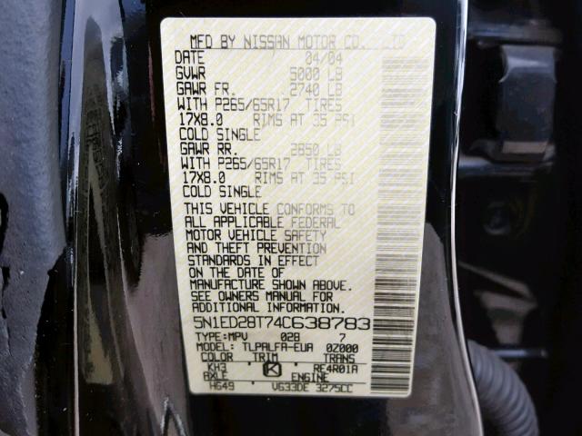 5N1ED28T74C638783 - 2004 NISSAN XTERRA XE BLACK photo 10