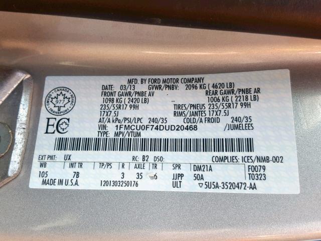 1FMCU0F74DUD20468 - 2013 FORD ESCAPE S SILVER photo 10