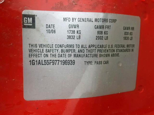 1G1AL55F977196939 - 2007 CHEVROLET COBALT LT RED photo 10