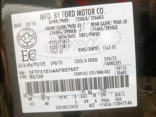 1FTFX1EV4AFB57657 - 2010 FORD F150 SUPER CAB  photo 10