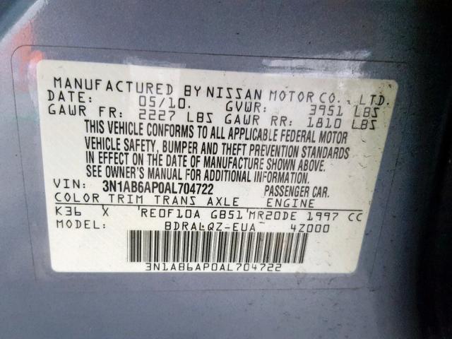 3N1AB6AP0AL704722 - 2010 NISSAN SENTRA 2.0 SILVER photo 10