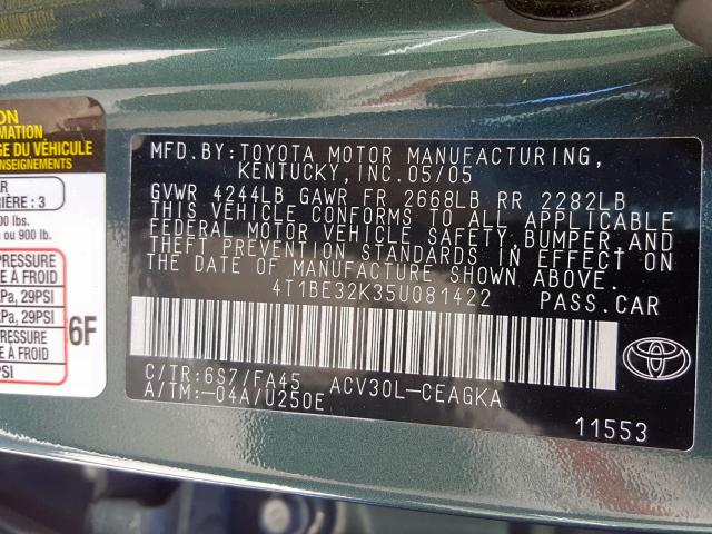 4T1BE32K35U081422 - 2005 TOYOTA CAMRY LE  photo 10