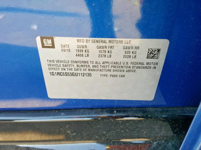 1G1RC6S53GU112135 - 2016 CHEVROLET VOLT LT BLUE photo 10