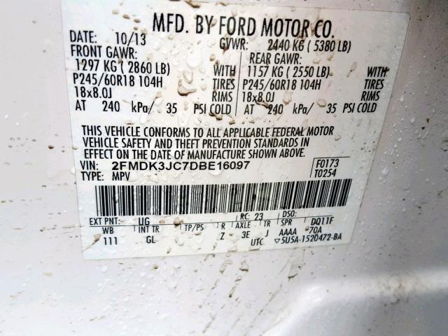 2FMDK3JC7DBE16097 - 2013 FORD EDGE SEL WHITE photo 10