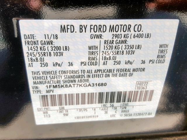 1FM5K8AT7KGA31680 - 2019 FORD EXPLORER P BLACK photo 10