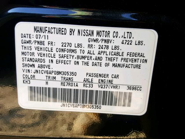 JN1CV6AP0BM305350 - 2011 INFINITI G37 BASE BLACK photo 10