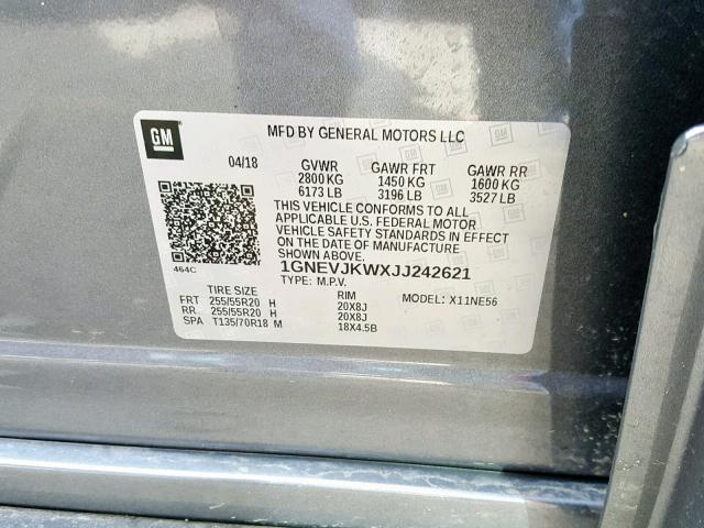 1GNEVJKWXJJ242621 - 2018 CHEVROLET TRAVERSE P GRAY photo 10