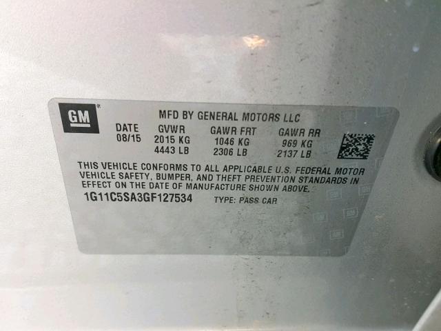 1G11C5SA3GF127534 - 2016 CHEVROLET MALIBU LIM SILVER photo 10