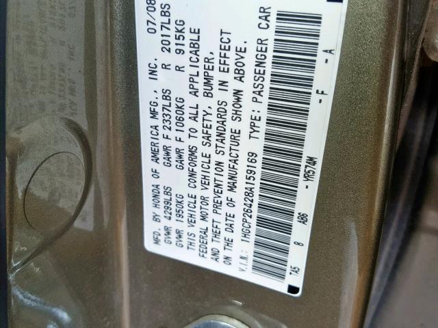 1HGCP26428A159169 - 2008 HONDA ACCORD LXP SILVER photo 10