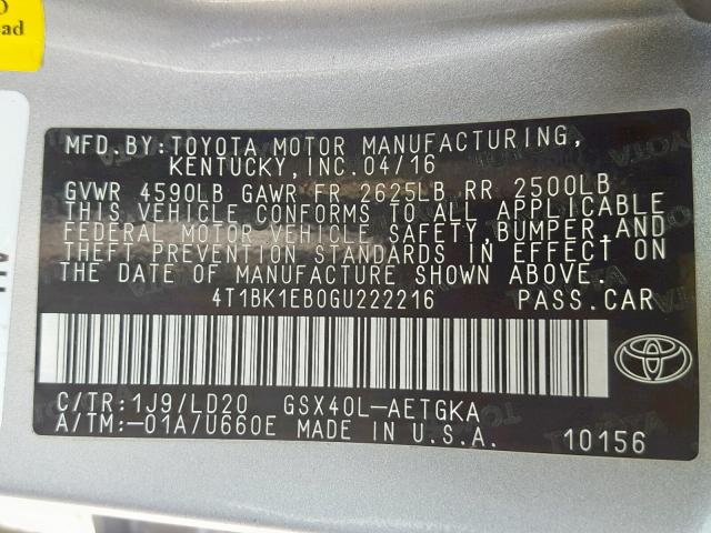 4T1BK1EB0GU222216 - 2016 TOYOTA AVALON XLE SILVER photo 10