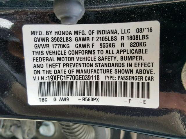 19XFC1F70GE039118 - 2016 HONDA CIVIC EXL BLACK photo 10