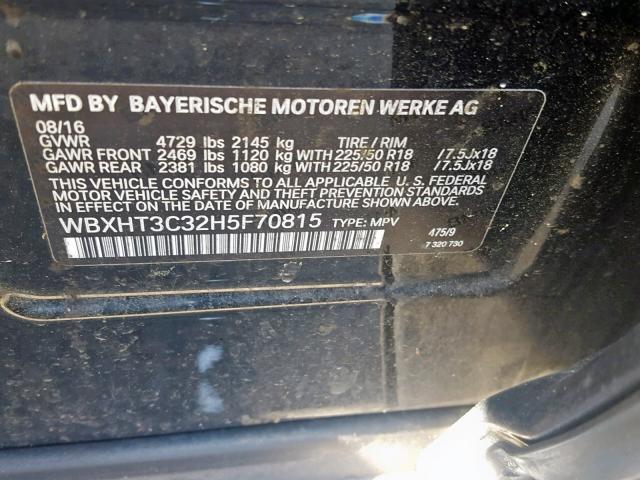 WBXHT3C32H5F70815 - 2017 BMW X1 XDRIVE2 BLACK photo 10