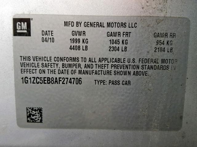 1G1ZC5EB8AF274706 - 2010 CHEVROLET MALIBU 1LT 银色 照片 10