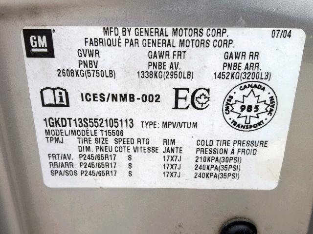 1GKDT13S552105113 - 2005 GMC ENVOY SILVER photo 10