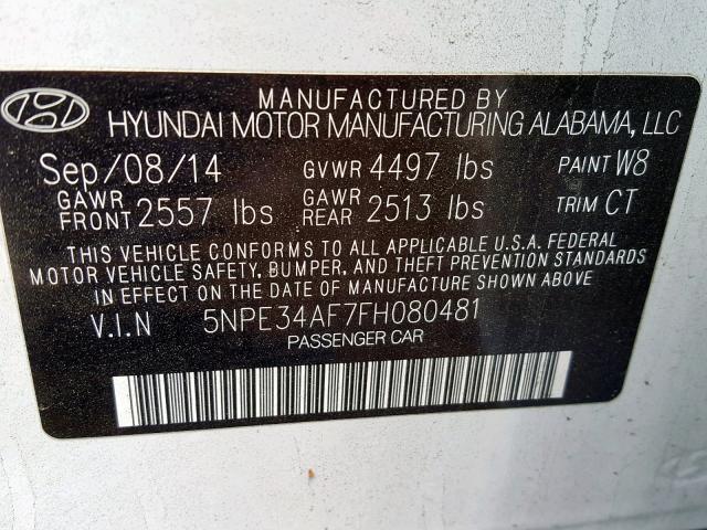 5NPE34AF7FH080481 - 2015 HYUNDAI SONATA SPO WHITE photo 10