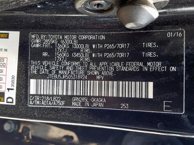 JTEBU5JR5G5318924 - 2016 TOYOTA 4RUNNER SR5/SR5 PREMIUM  照片 10