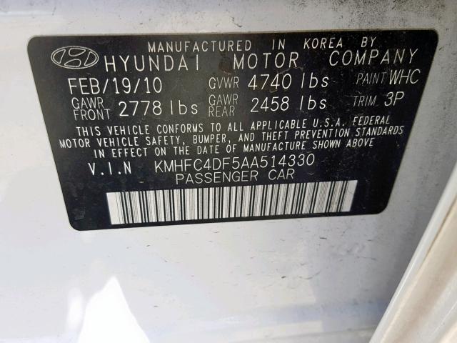 KMHFC4DF5AA514330 - 2010 HYUNDAI AZERA GLS WHITE photo 10