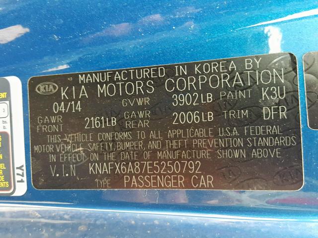 KNAFX6A87E5250792 - 2014 KIA FORTE EX BLUE photo 10