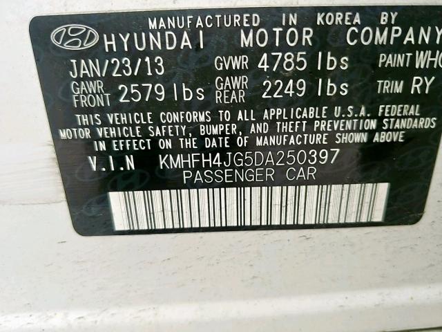 KMHFH4JG5DA250397 - 2013 HYUNDAI AZERA GLS WHITE photo 10