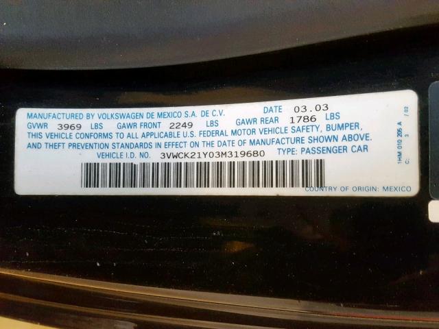 3VWCK21Y03M319680 - 2003 VOLKSWAGEN NEW BEETLE შავი ფოტო 10