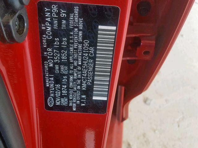 KMHCT4AE5HU241090 - 2017 HYUNDAI ACCENT SE RED photo 10