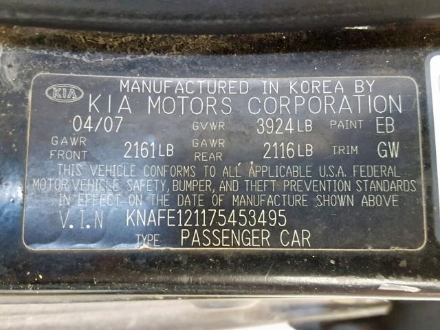 KNAFE121175453495 - 2007 KIA SPECTRA EX BLACK photo 10