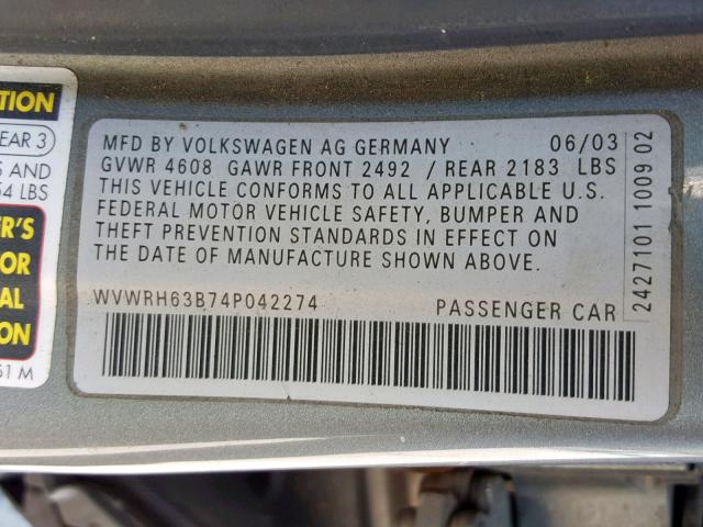 WVWRH63B74P042274 - 2004 VOLKSWAGEN PASSAT GLX 灰色 照片 10