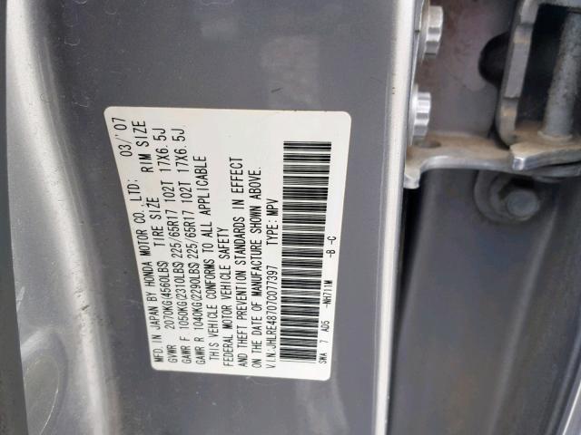 JHLRE48707C077397 - 2007 HONDA CR-V EXL SILVER photo 10