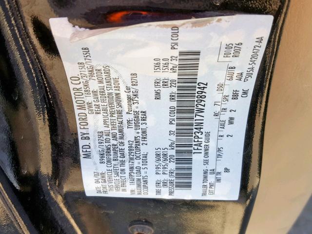 1FAFP34N17W298942 - 2007 FORD FOCUS ZX4 BLACK photo 10