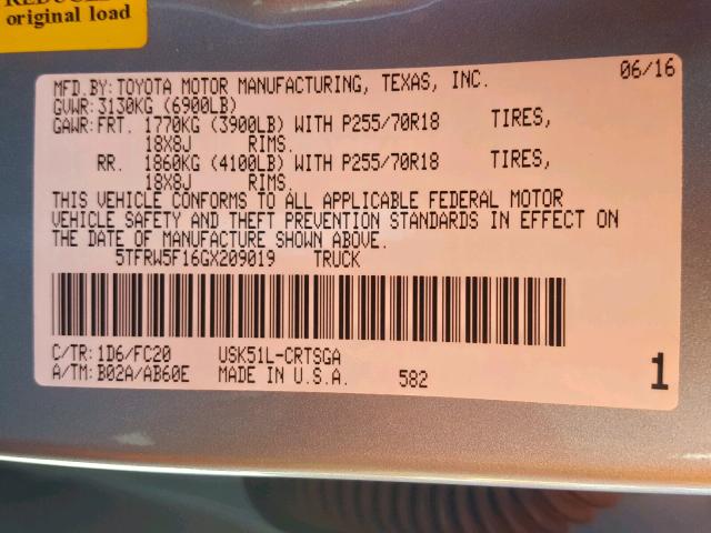 5TFRW5F16GX209019 - 2016 TOYOTA TUNDRA DOU SILVER photo 10