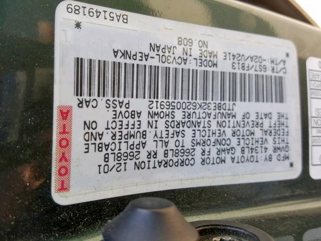 JTDBE32K620056912 - 2002 TOYOTA CAMRY LE GREEN photo 10