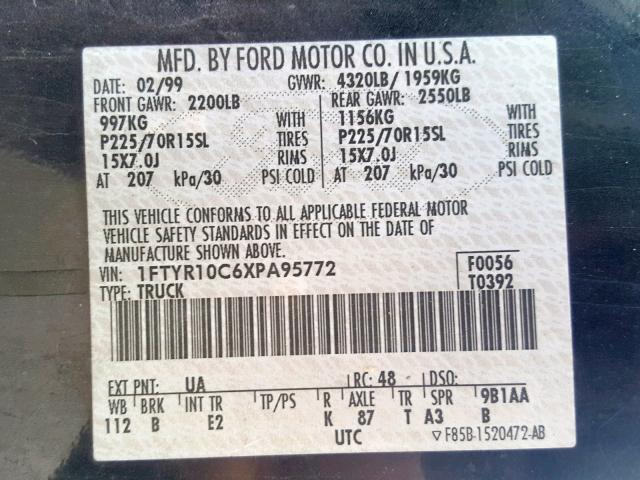 1FTYR10C6XPA95772 - 1999 FORD RANGER BLACK photo 10