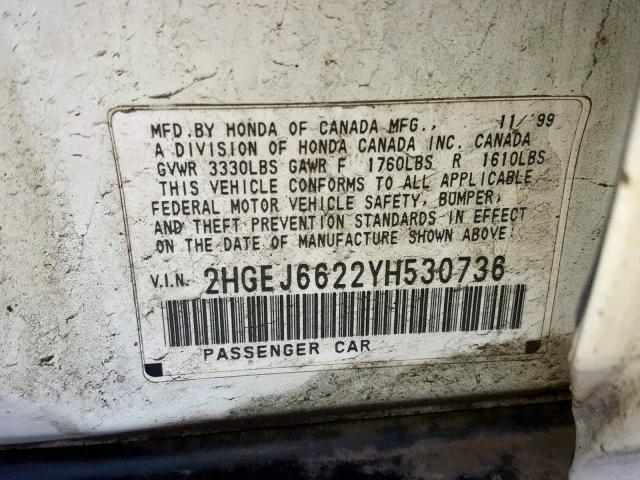 2HGEJ6622YH530736 - 2000 HONDA CIVIC DX SILVER photo 10