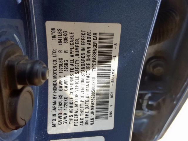 JHMFA36299S008230 - 2009 HONDA CIVIC HYBRID  photo 10